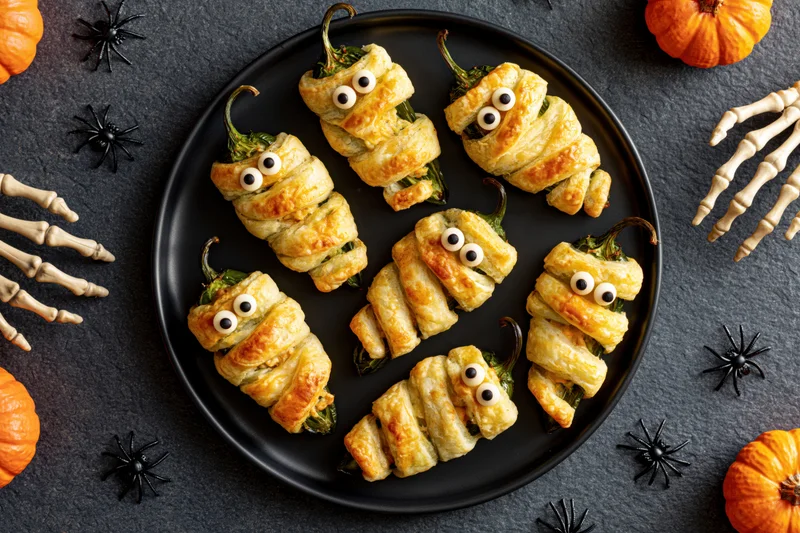 Mummy-themed jalapeno poppers wrapped in crescent dough on a black plate surrounded by halloween decorations