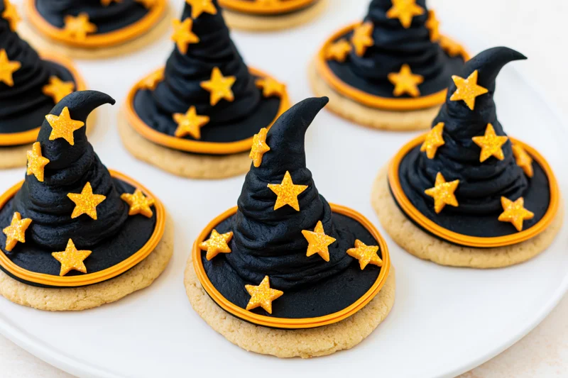 Witch hat sugar cookies decorated with black frosting and orange stars arranged on a white plate