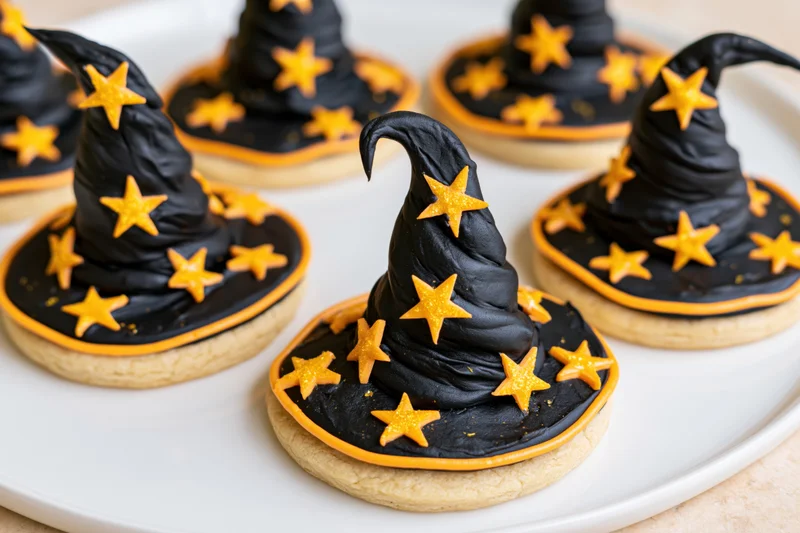 Witch hat sugar cookies decorated with black frosting and orange stars on a white plate