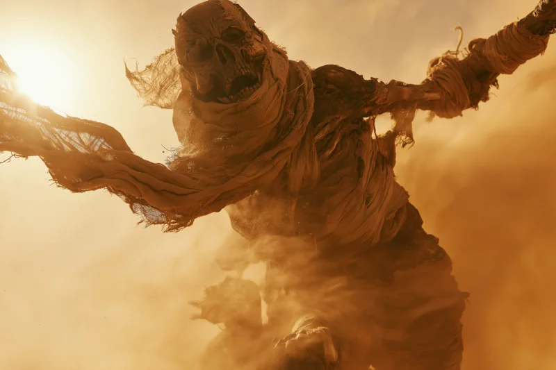 Decayed mummy creature lunging forward in a dusty desert storm