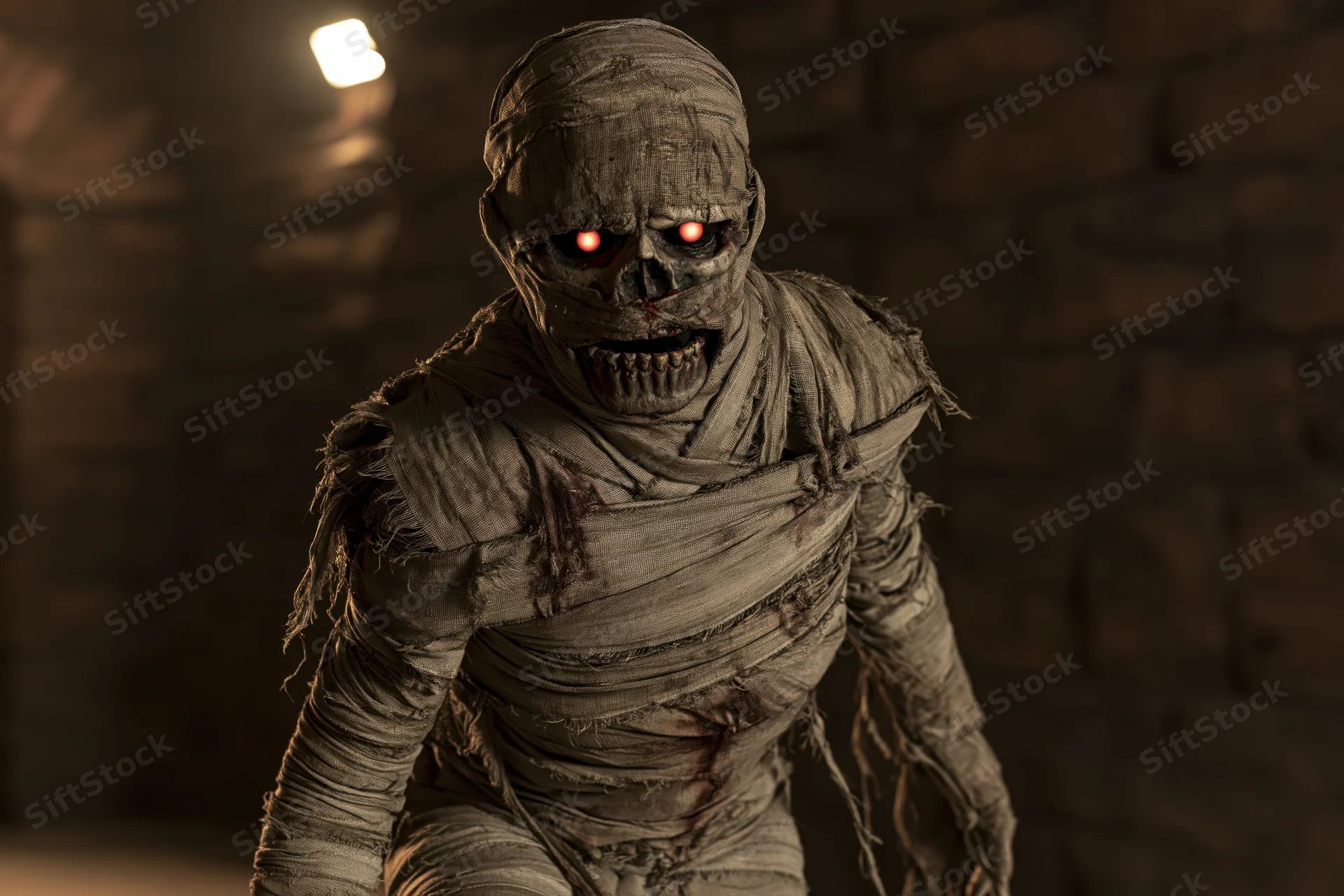 Mummy creature lurching forward in a dark stone tomb with glowing red eyes