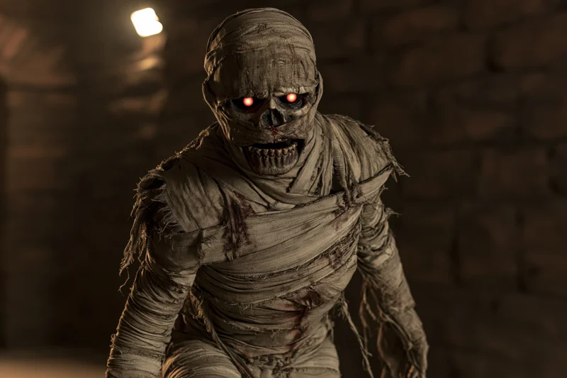 Mummy creature lurching forward in a dark stone tomb with glowing red eyes