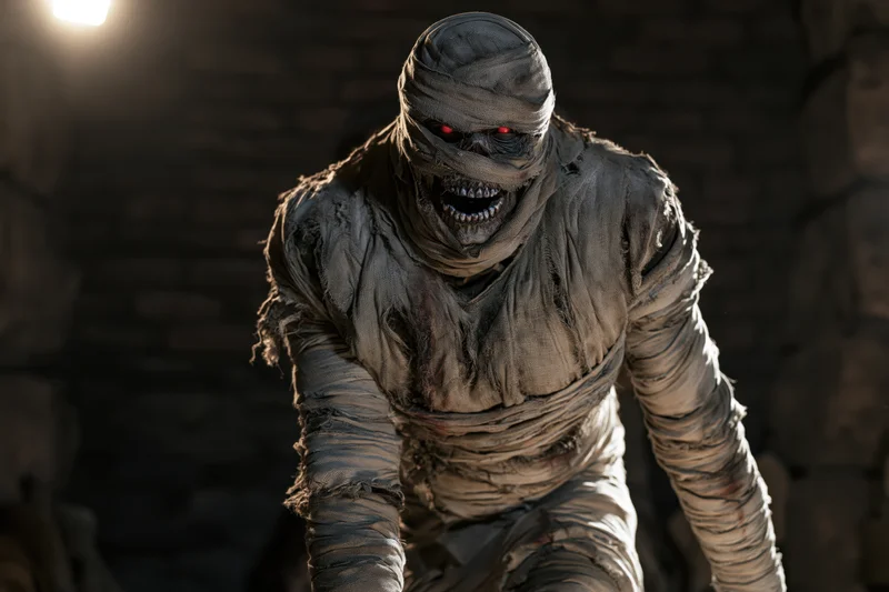 Mummy creature lurching forward in a dark stone tomb toward the camera