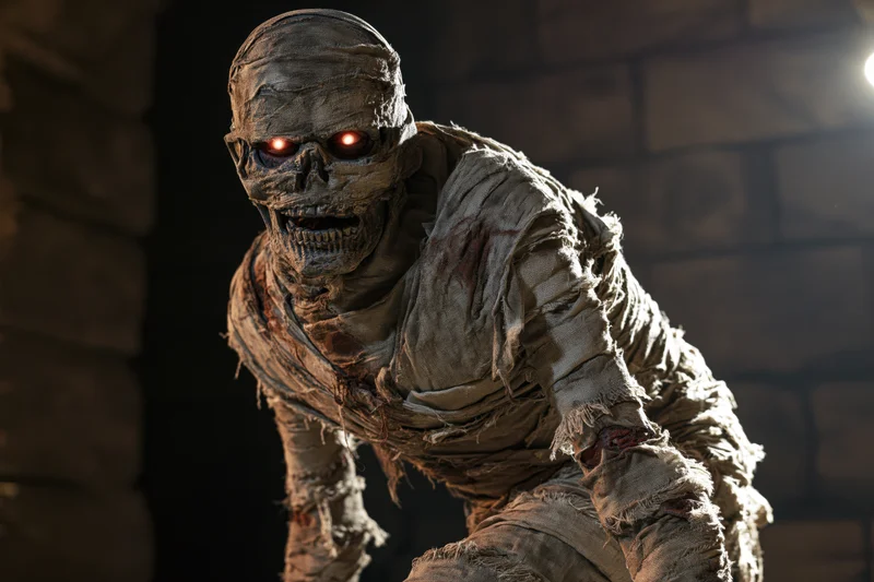 Mummy creature lurching forward in a dark stone tomb