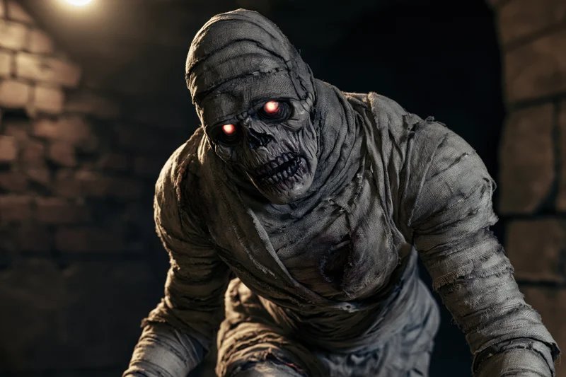 Mummy creature lurching forward in a dark stone tomb