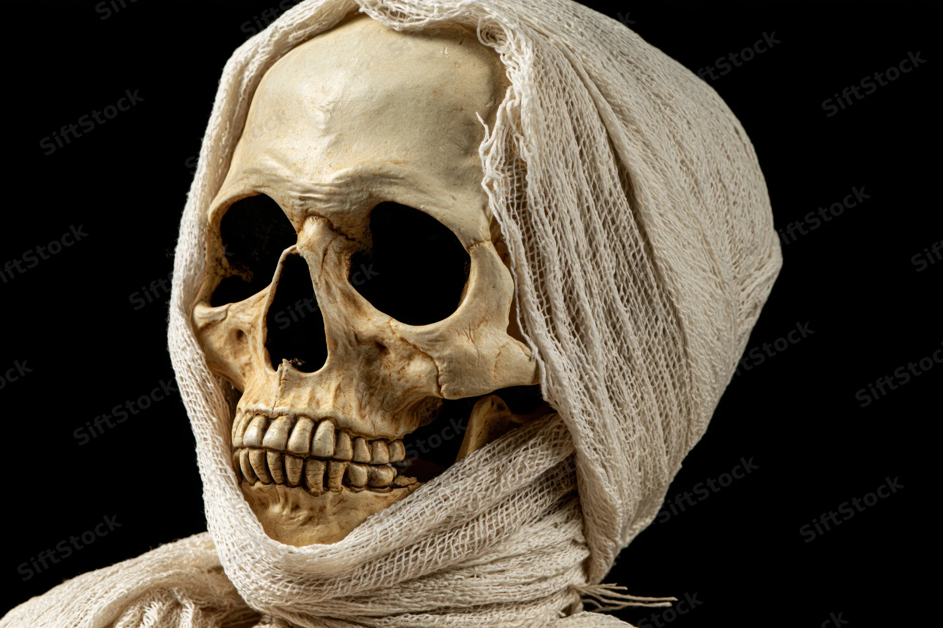 Human skull wrapped in aged gauze bandages against black background