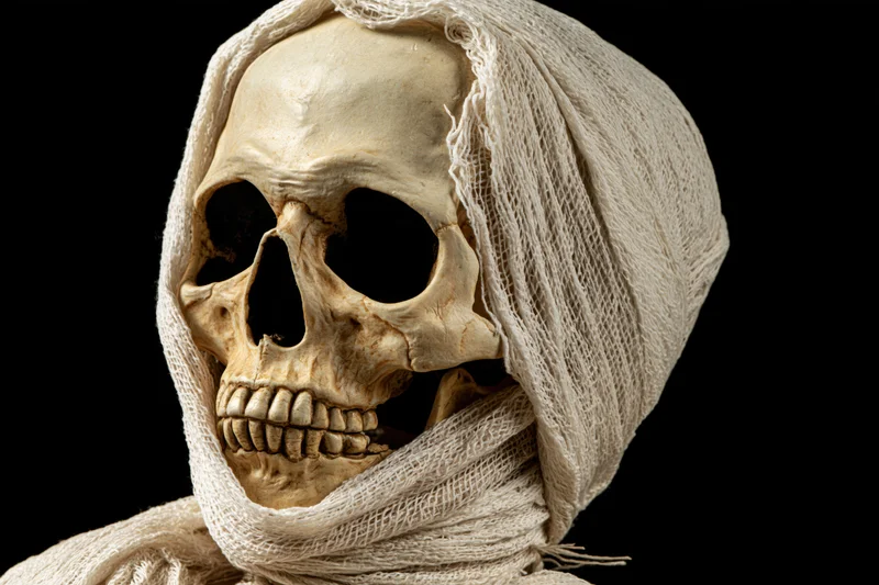 Human skull wrapped in aged gauze bandages against black background