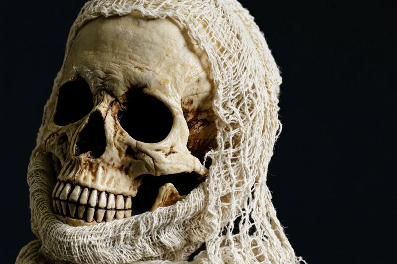 Human skull wrapped in aged gauze bandages against dark background