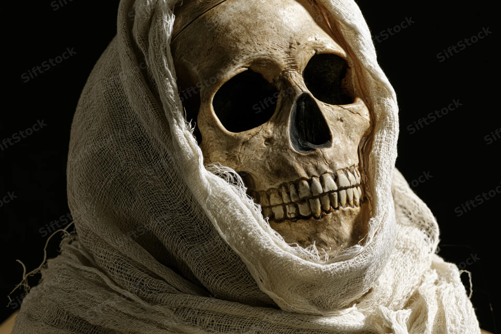 Human skull wrapped in aged gauze bandages against dark background