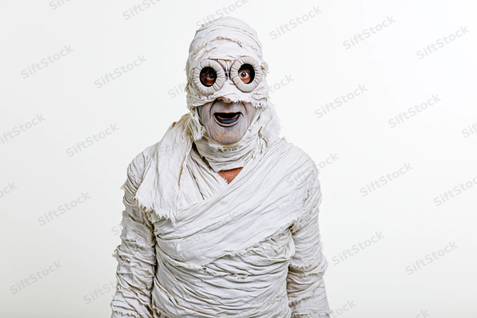 Man dressed as halloween mummy in white bandages facing camera with open mouth expression