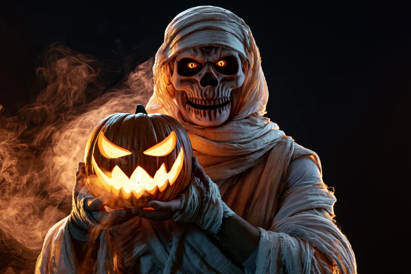Mummy in bandages holding glowing jack-o-lantern with smoke in dark setting