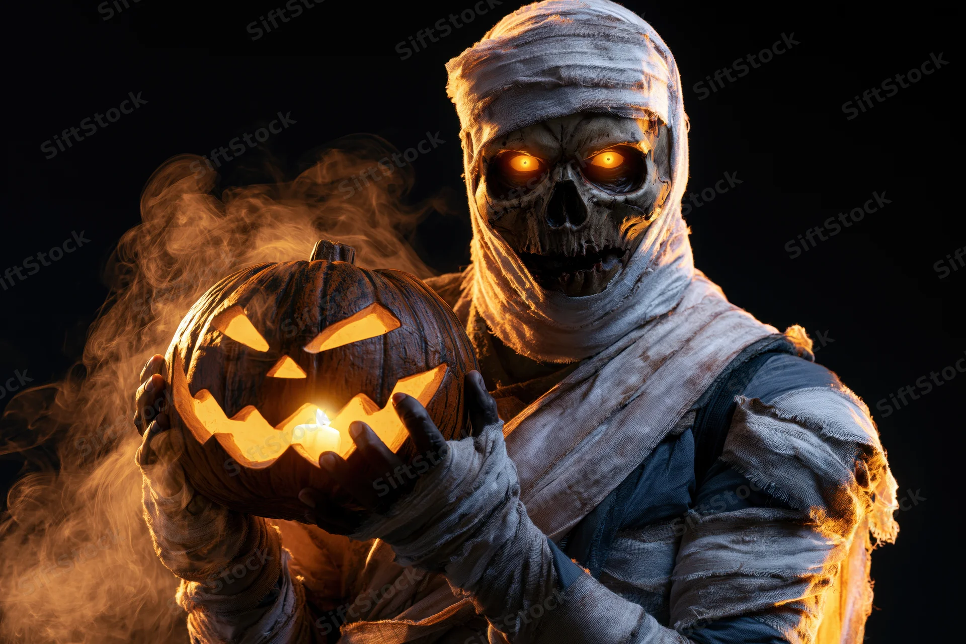 Mummy in costume holding a glowing jack-o-lantern with smoke against dark background