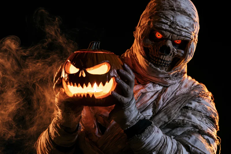 Mummy in bandages holding a carved pumpkin with glowing eyes and smoke in dark setting