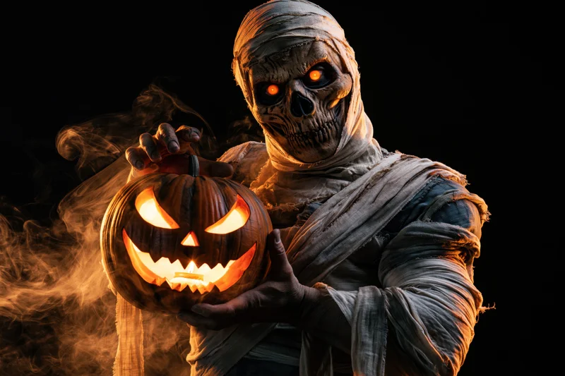 Mummy in bandages holding a glowing jack-o-lantern with smoke against black background