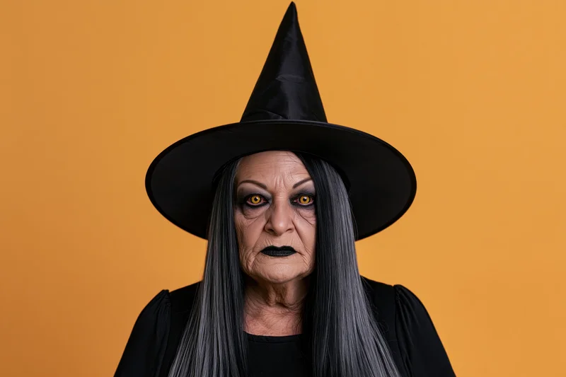 Older woman in witch costume with intense stare against orange background