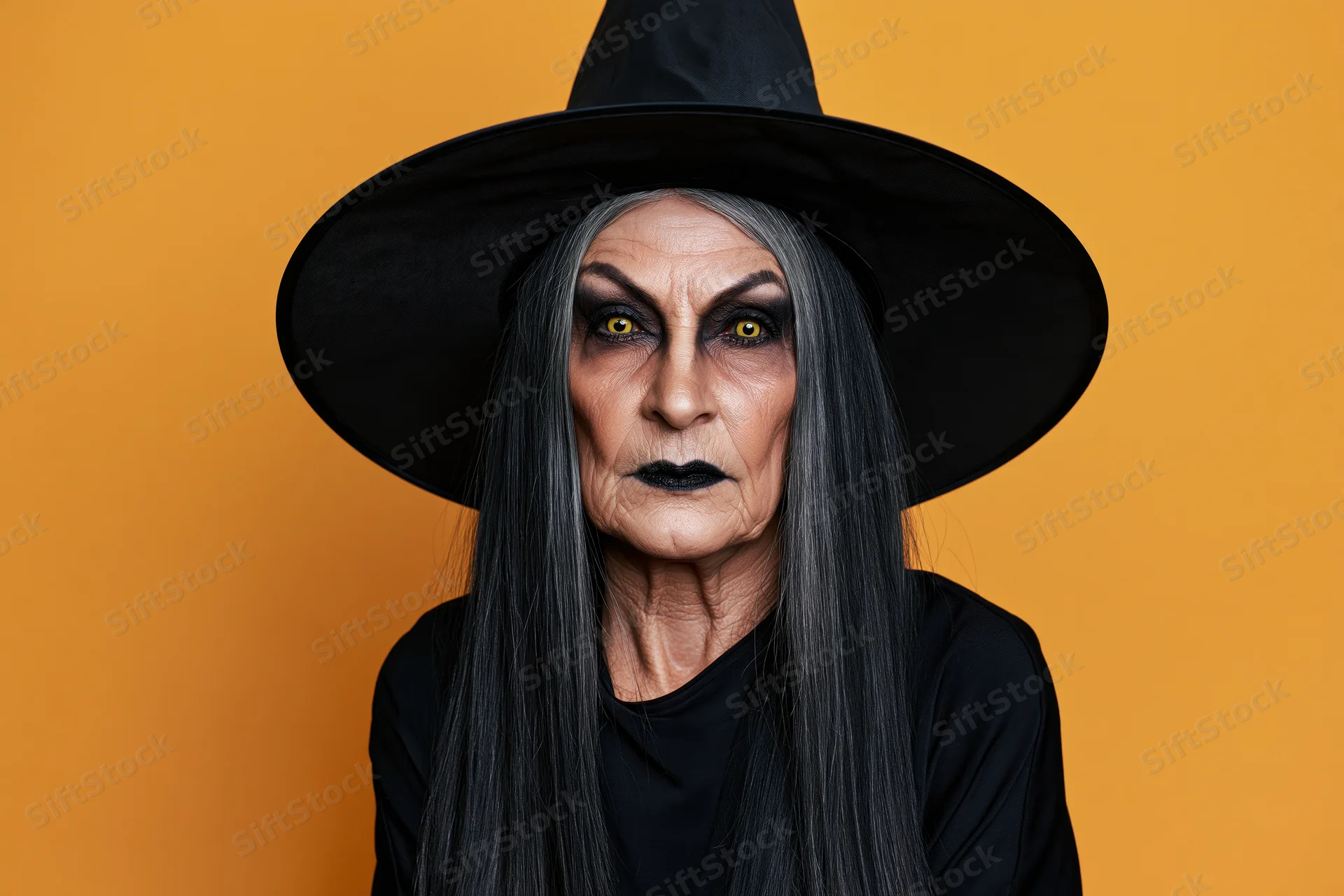 Older woman in witch costume with intense stare against orange background