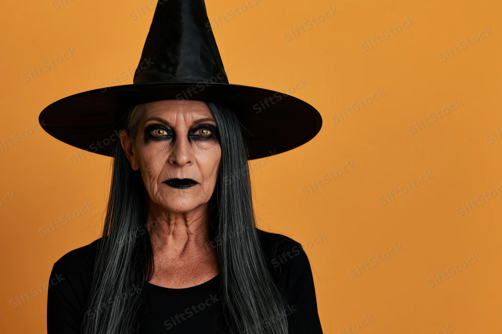 Senior woman in witch costume with intense stare against orange background