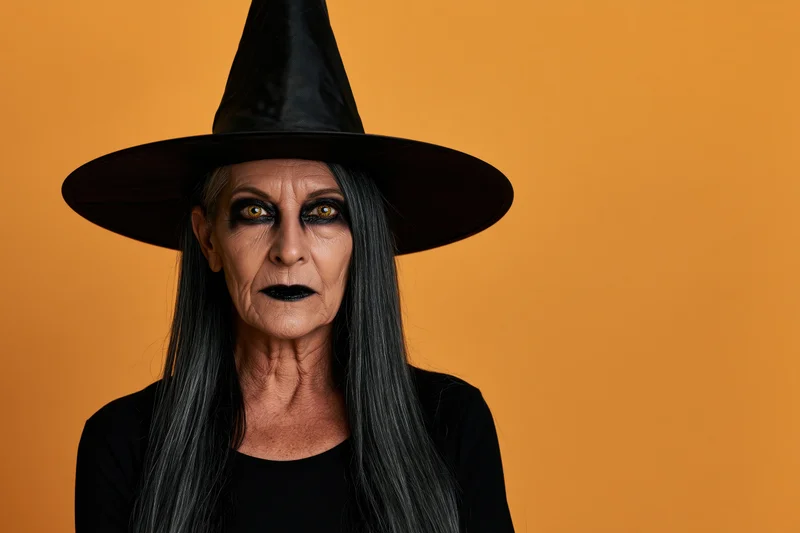 Senior woman in witch costume with intense stare against orange background