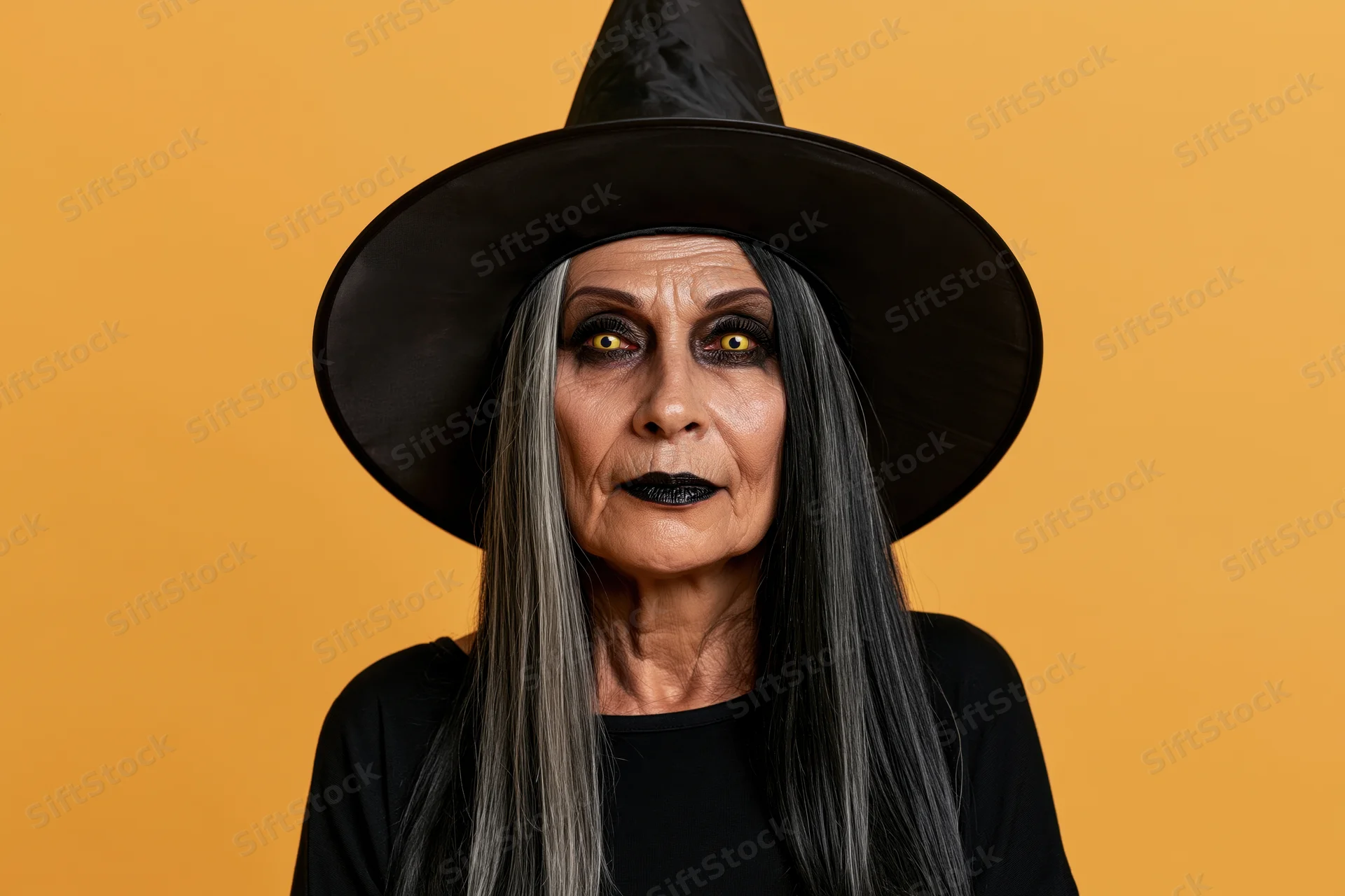 Senior woman in witch costume with intense stare against orange background