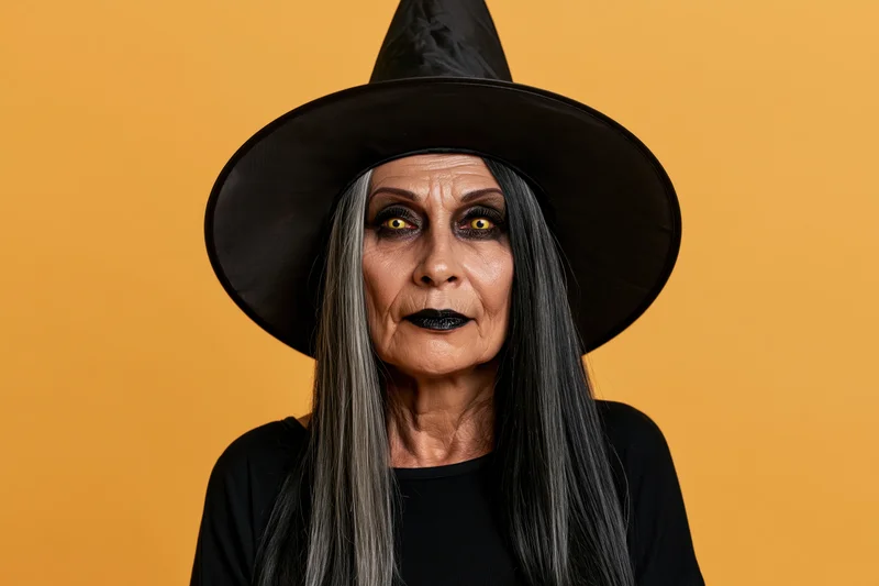 Senior woman in witch costume with intense stare against orange background