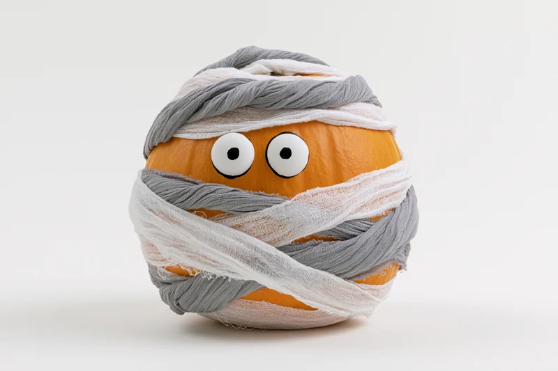 Orange pumpkin wrapped in white and gray bandages with googly eyes on a white background