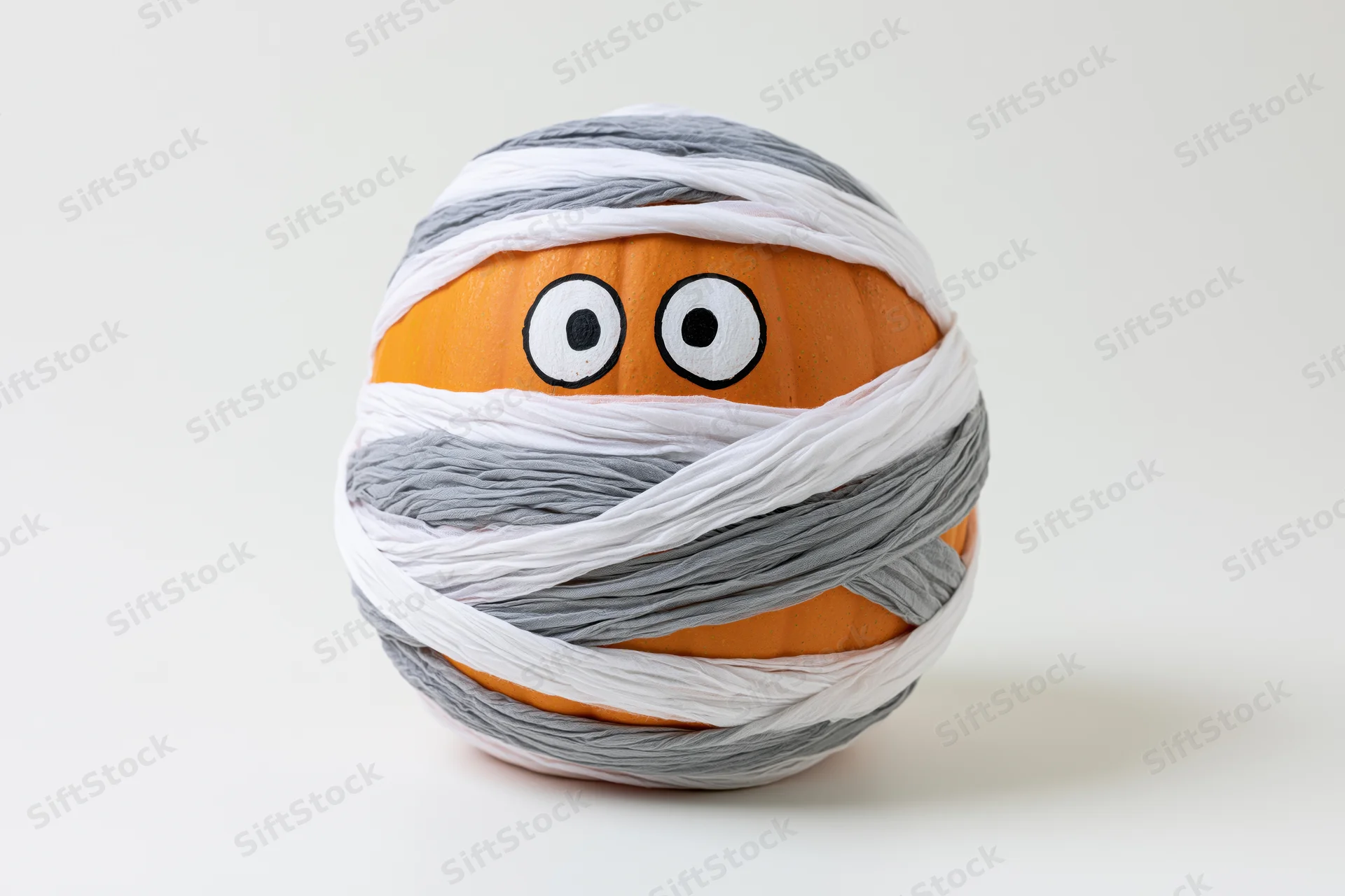 Orange pumpkin wrapped in white and gray bandages with painted eyes for halloween decoration