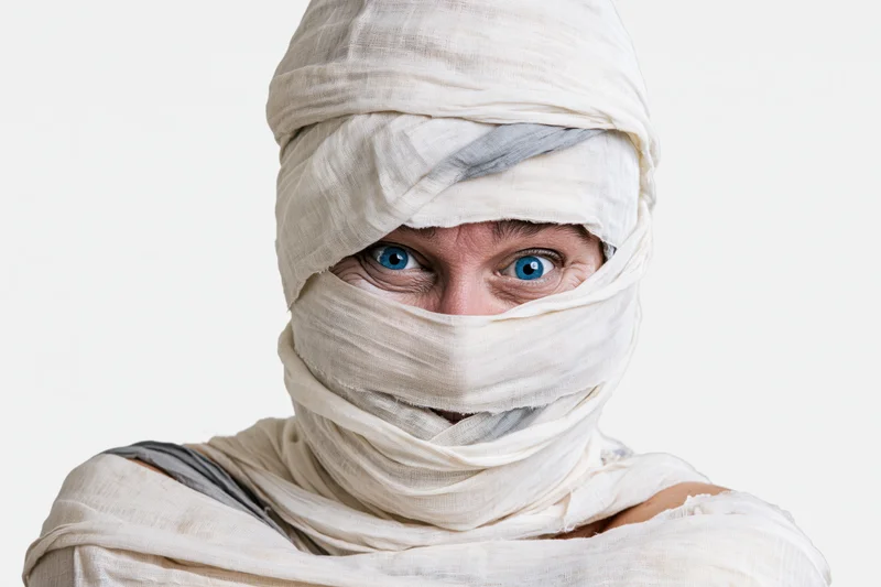 Woman wrapped in white cloth as a mummy costume for halloween, eyes visible, studio portrait