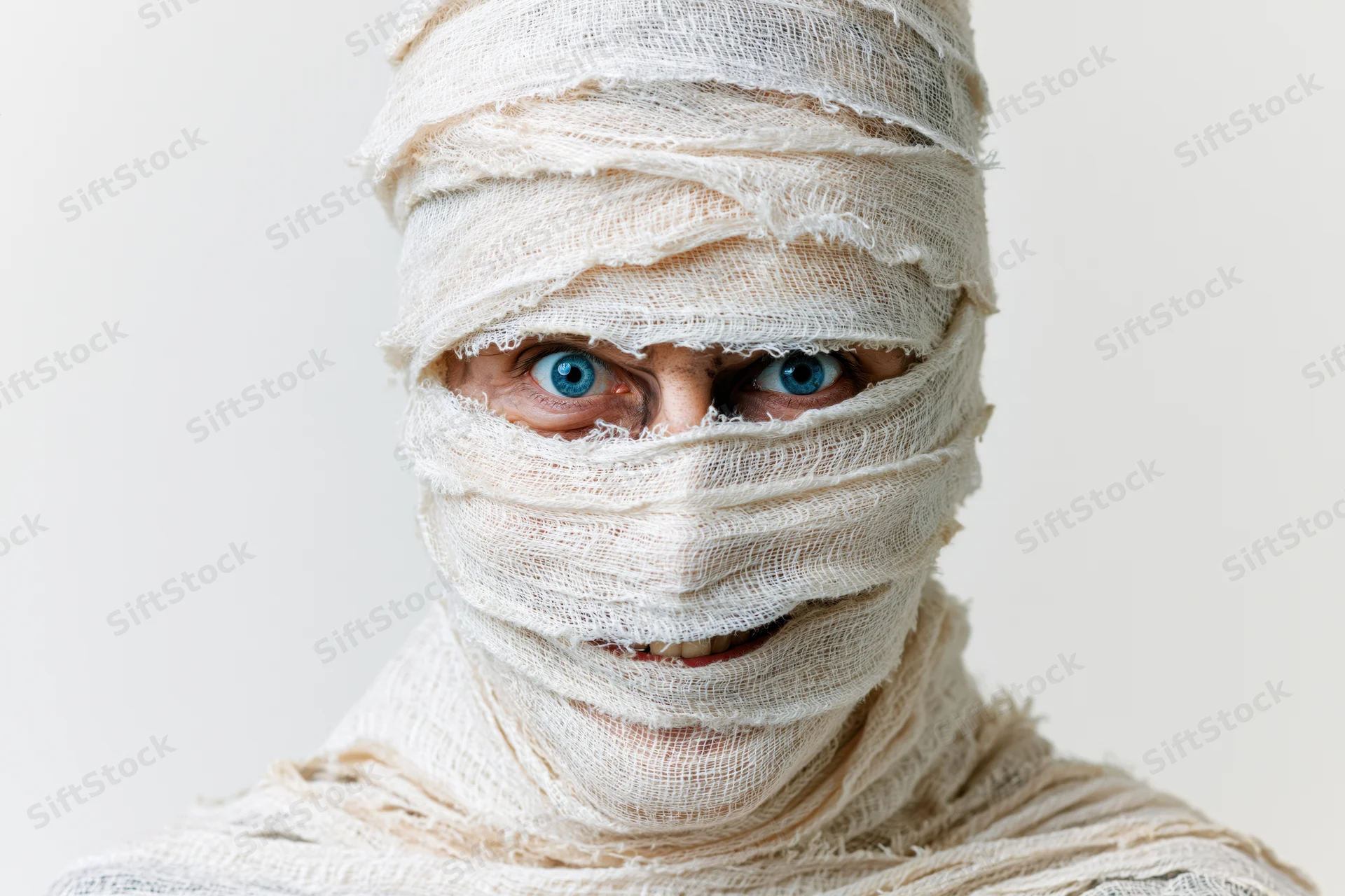 Person wrapped in white bandages with blue eyes visible, studio portrait