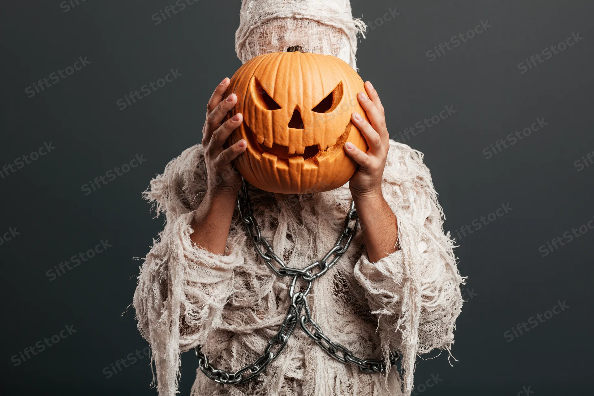 Person dressed as a mummy holding a carved jack-o-lantern in front of face against dark background