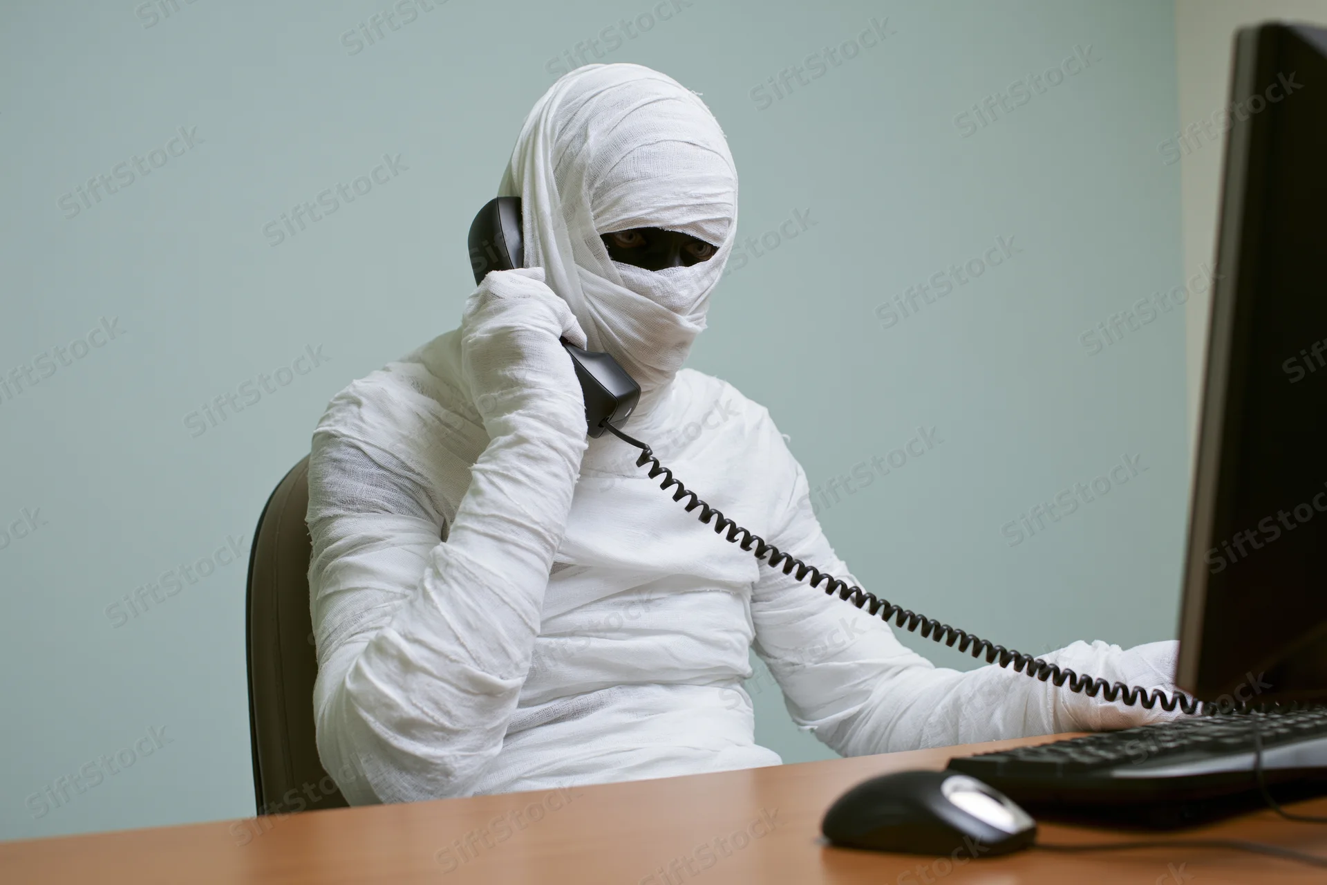 Mummy wrapped in white bandages sitting at office desk using computer and telephone