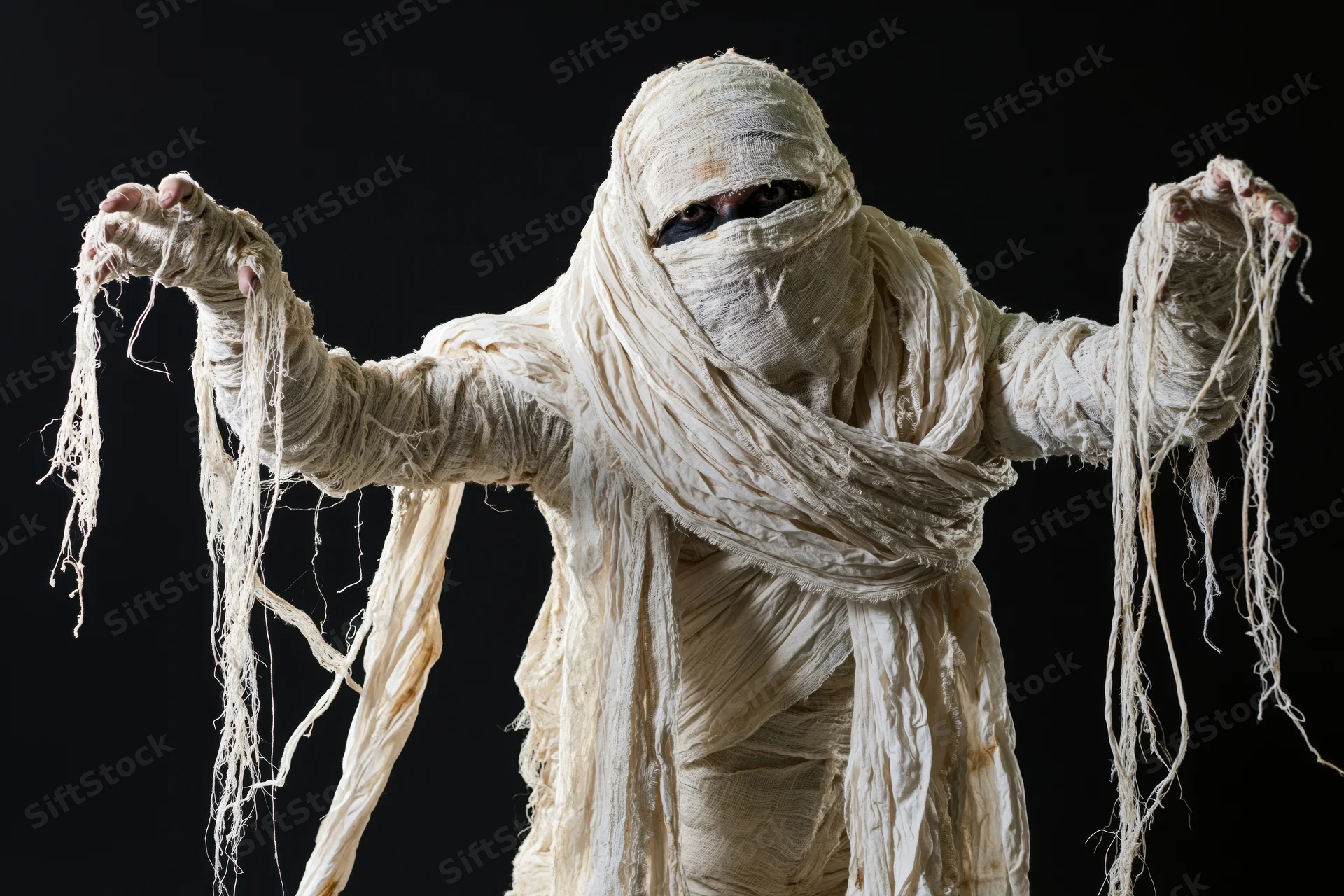 Person in diy mummy costume with arms raised against black background