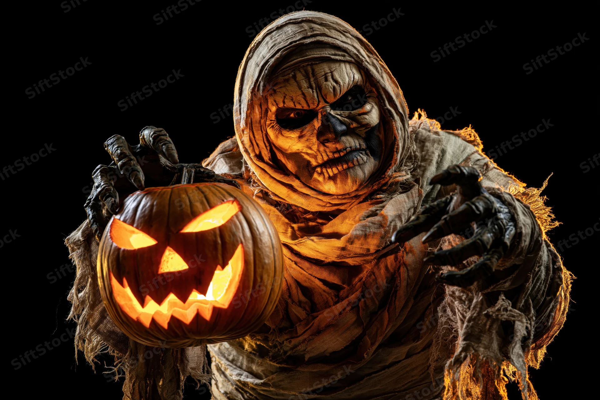 Mummy in elaborate costume holding glowing jack-o-lantern against black background