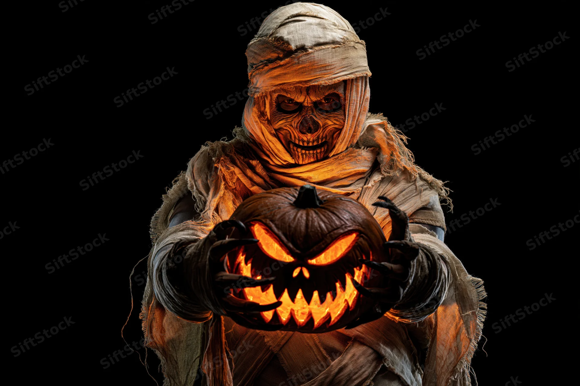 Mummy in elaborate costume holding glowing jack-o-lantern against black background