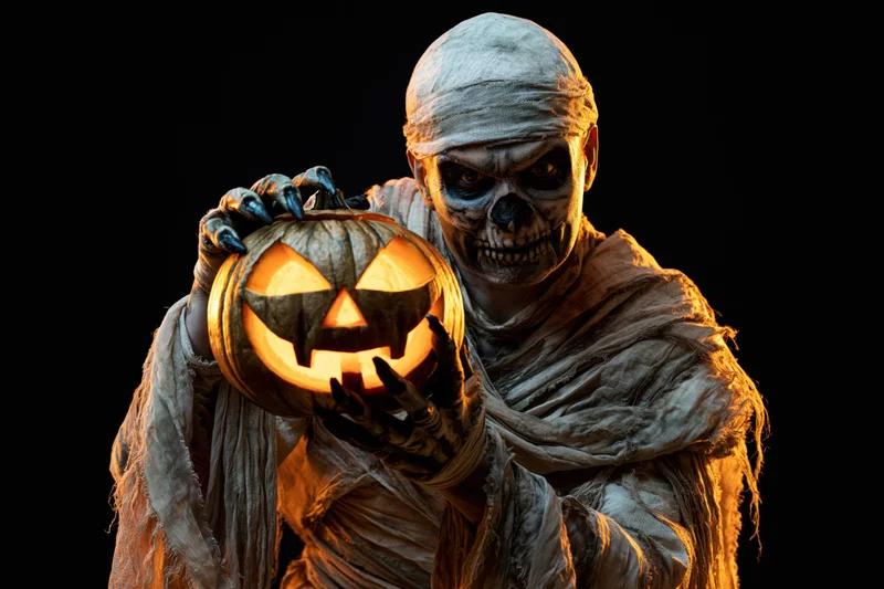 Mummy in elaborate costume holding glowing jack o lantern against black background