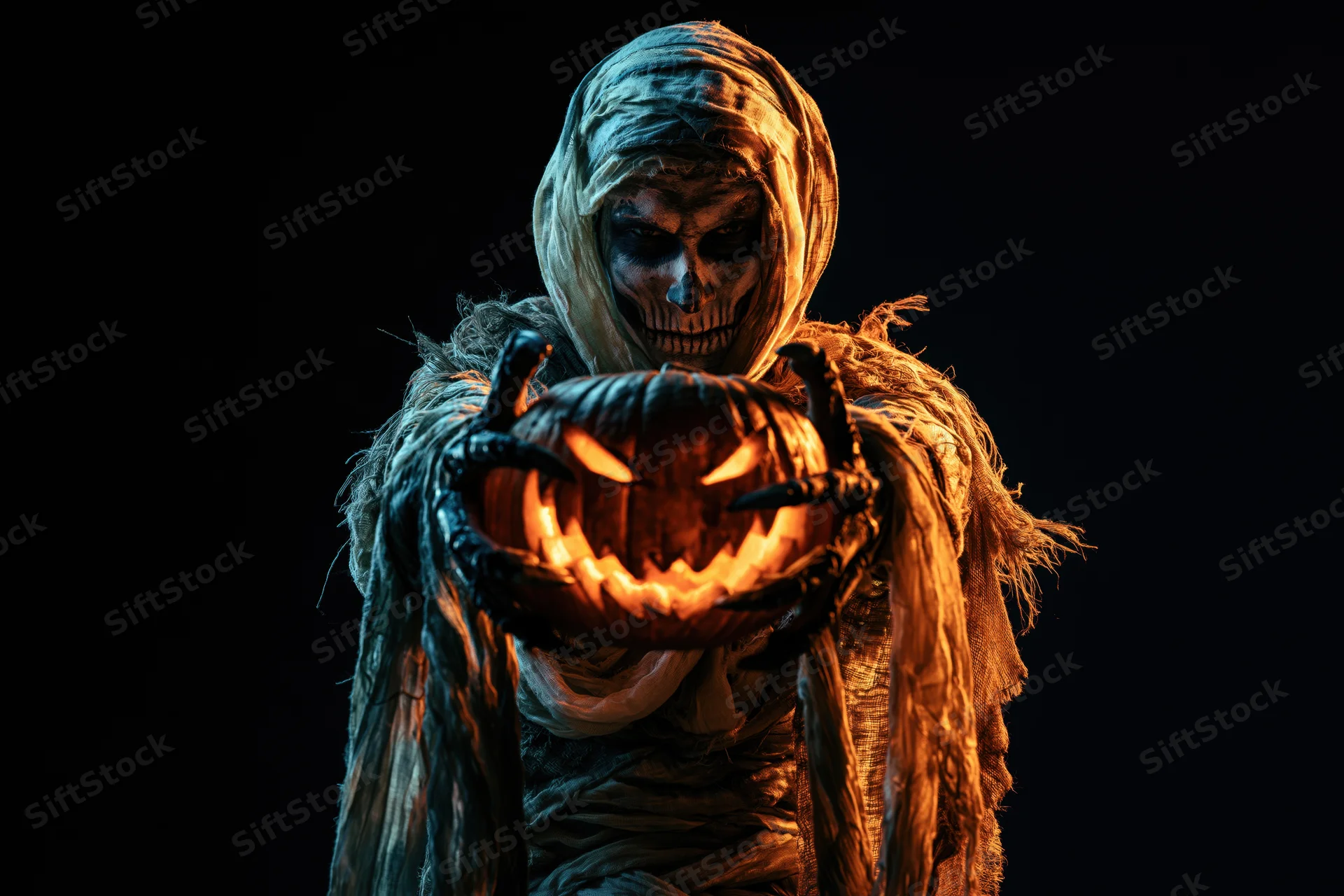 Mummy in elaborate costume holding glowing jack-o-lantern against dark background
