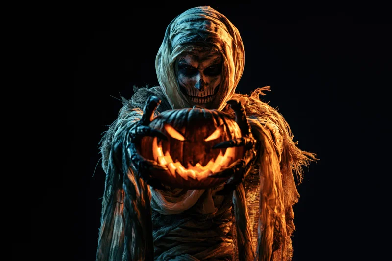 Mummy in elaborate costume holding glowing jack-o-lantern against dark background