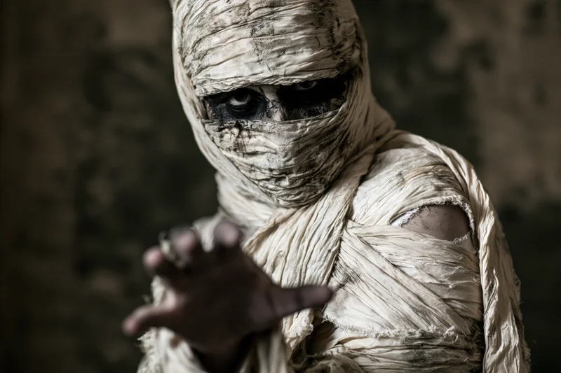 Mummy in elaborate costume with bandages wrapped around body and face, reaching forward with one hand in dimly lit setting