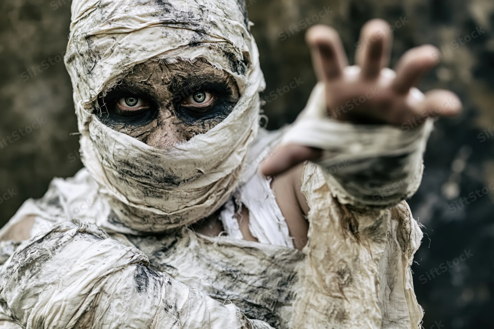 Mummy in elaborate costume with bandages reaching forward in closeup portrait