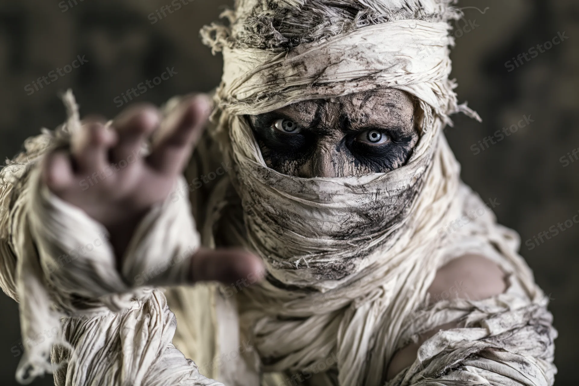 Mummy in elaborate costume with bandages wrapped around face and body, pointing forward in dark setting