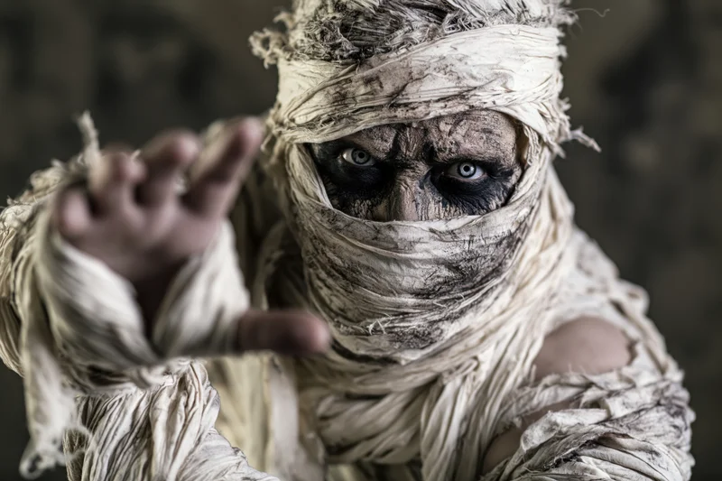 Mummy in elaborate costume with bandages wrapped around face and body, pointing forward in dark setting