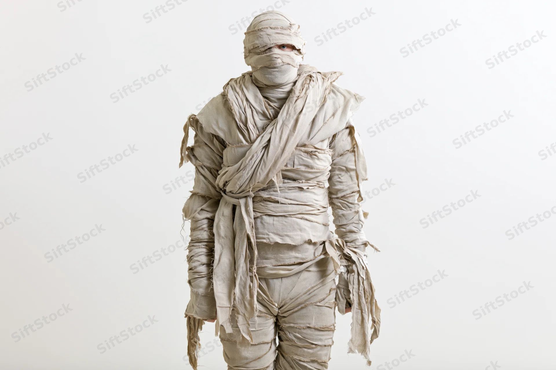Person in full-body mummy costume standing upright against white background