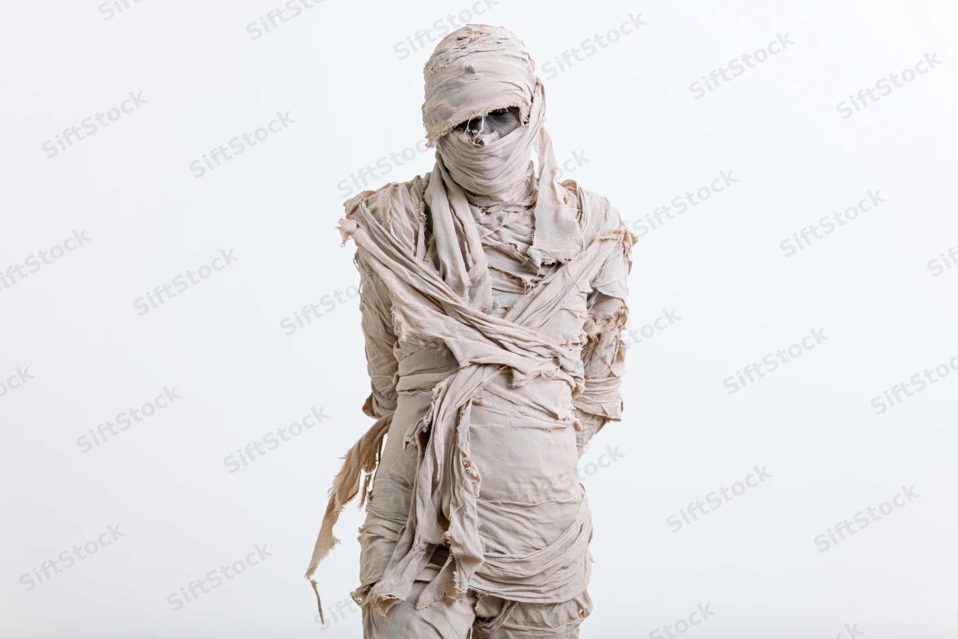 Person in full-body mummy costume standing upright against white background
