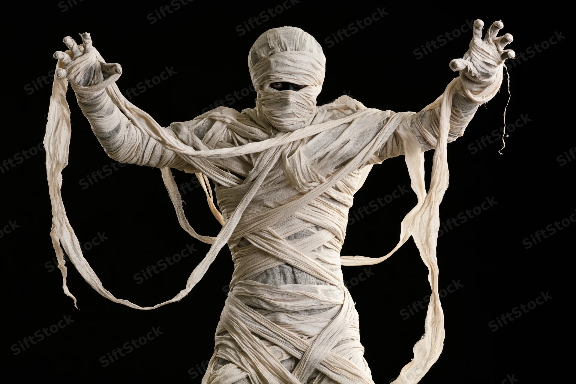 Person in full mummy costume with arms raised and hands visible against black background