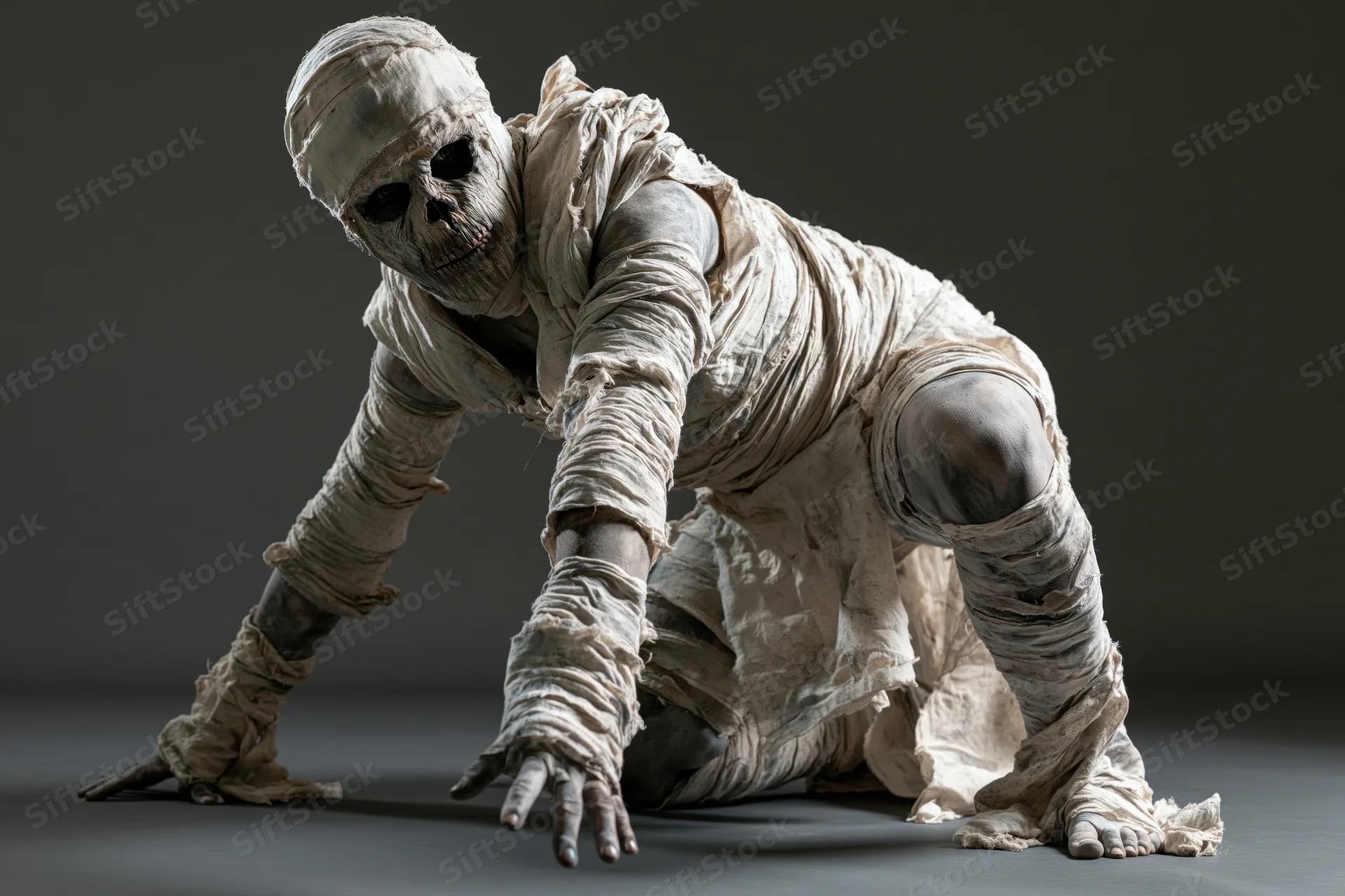 Mummy in full costume crouching low on gray studio floor