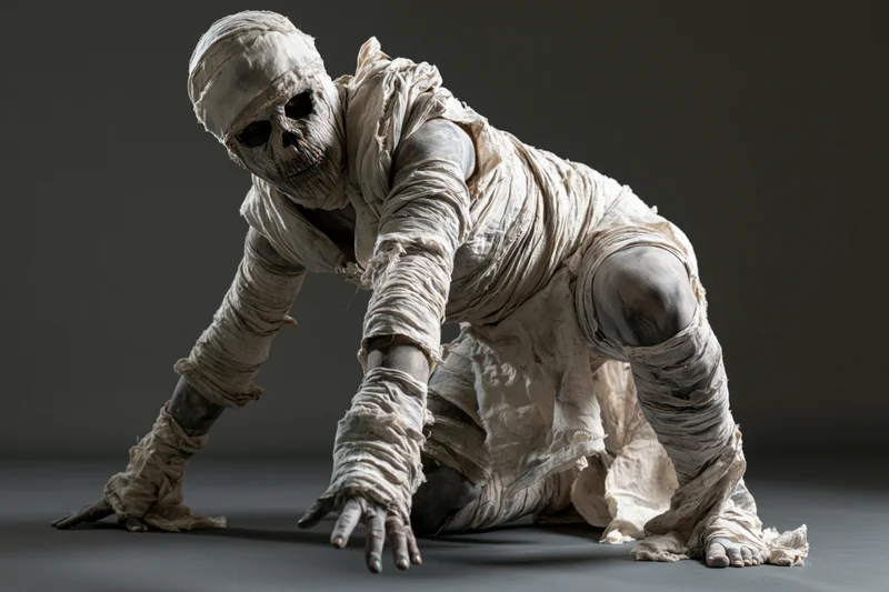 Mummy in full costume crouching low on gray studio floor