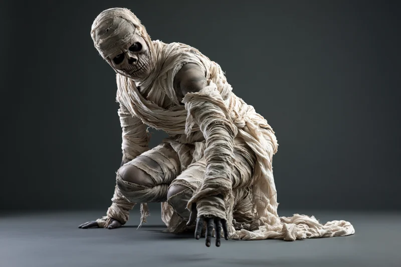 Mummy in full costume crouching low with bandages wrapped around body and skull visible on dark studio floor