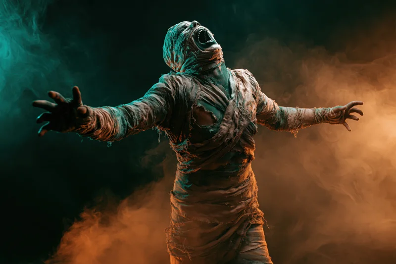 Mummy in full costume screaming with arms outstretched in smoky dark setting