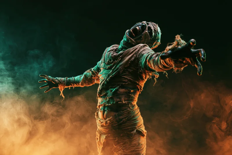 Mummy in full costume with arms outstretched amidst colored smoke at night