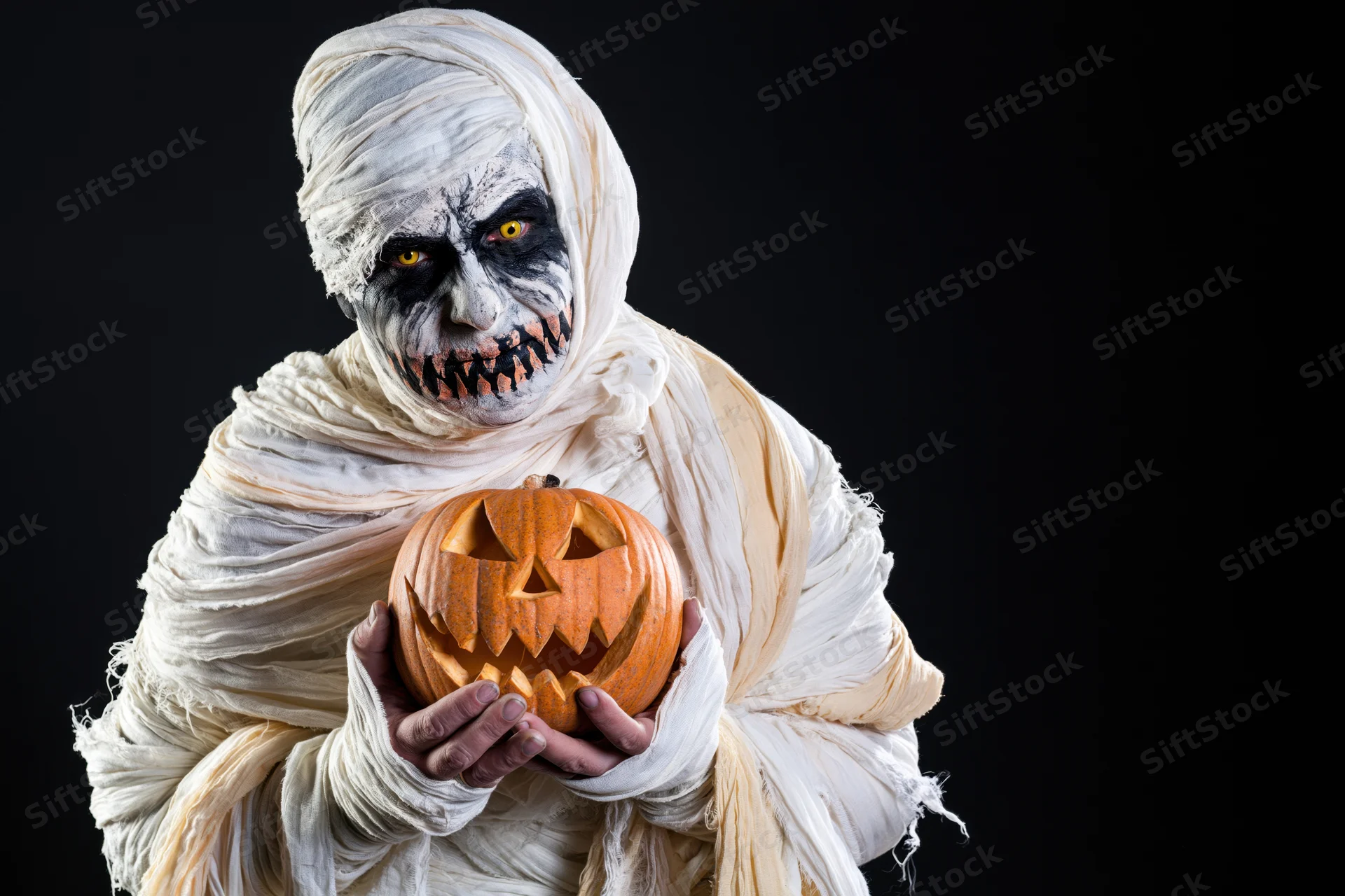 Mummy in full costume holding a carved jack-o-lantern against black background