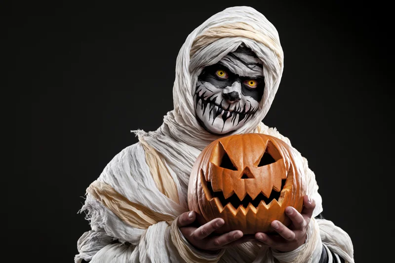 Mummy in white bandages holding carved jack-o-lantern against dark background